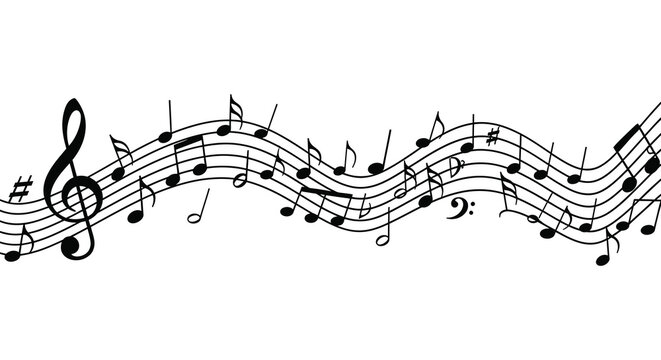 A flowing arrangement of musical notes and clef symbols creates a dynamic wave like design a striking silhouette high quality professional detailed