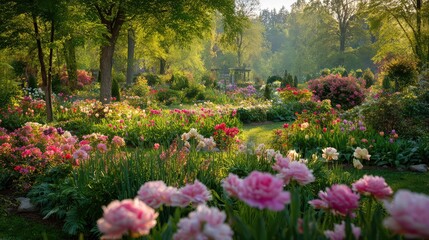 Obraz premium Romantic botanical garden filled with roses, tulips, and blooming plants under bright spring sunlight
