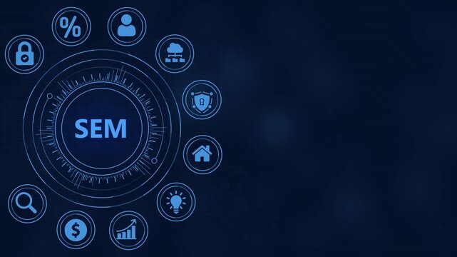 Digital marketing concept with SEM in center and surrounding icons on dark blue background search engine marketing