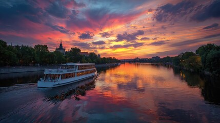 Fototapeta premium Romantic river cruise at sunset with glowing reflections on water and dramatic colorful sky