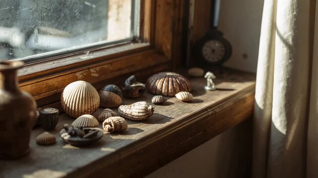Pulling focus and panning camera revealing shells, clock on wood sill at home, showing warm texture