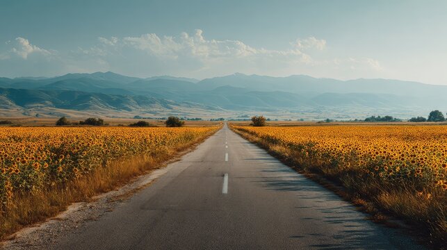 Scenic country road passing through endless sunflower field in bright summer daylight