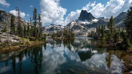 Fototapeta premium Serene mountain lake reflecting snowy peaks and bright sky creating peaceful wilderness scene