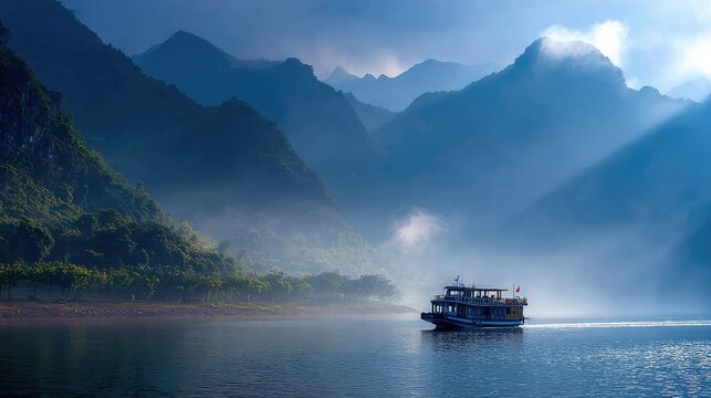 Scenic river cruise boat surrounded by misty mountains and peaceful morning light