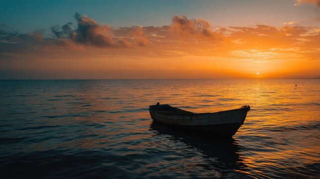 Silhouette of small boat floating on ocean during vibrant orange sunset, tranquil seaside moment capturing calm water and warm light