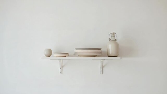 Camera reframing wall shelf, revealing more wall and emphasizing ceramics for interior design