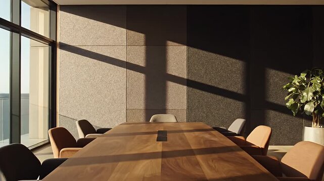 Modern conference room with wooden table and chairs.