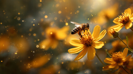 Honey bee collecting pollen while flying among yellow flowers in spring sunlight