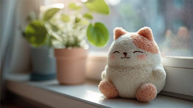 Soft smiling cat plush toy placed near window with gentle daylight, peaceful atmosphere suitable for children toy marketing and cozy lifestyle visuals