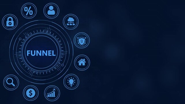 Digital marketing concept with the word FUNEL in a circular HUD interface with icons funnel
