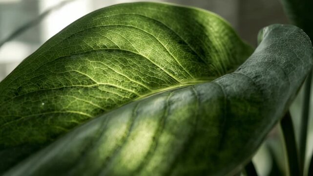 Sunlight shifting through blinds moving across large green leaf, revealing veins for botany study