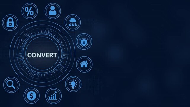 Digital marketing concept with the word CONVERT in a circular HUD interface with icons convert