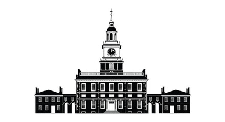 Naklejka premium A striking black and white illustration depicts independence hall in philadelphia pennsylvania as a bold silhouette high quality professional detailed modern
