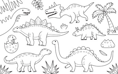 A diverse collection of outline drawings featuring different types of dinosaurs and prehistoric plants © BULBUL ISLAM