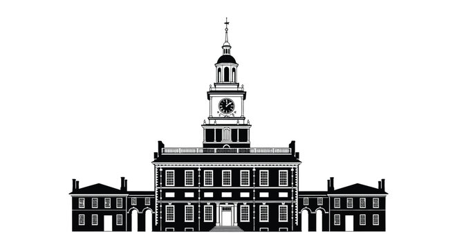 A striking black and white illustration depicts independence hall in philadelphia pennsylvania as a bold silhouette high quality professional detailed modern