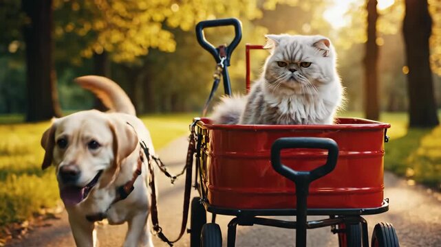 Golden retriever dog with harness pulling red wagon holding fluffy Persian cat enjoying park walk during warm golden hour light.
