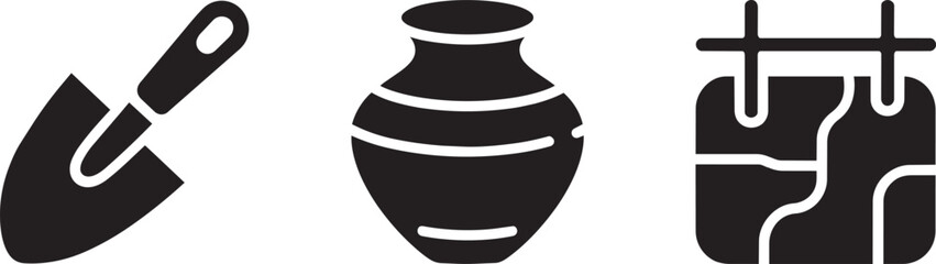 Archaeology exploration tools set with handheld garden shovel antique clay vase and site map © MC Creative