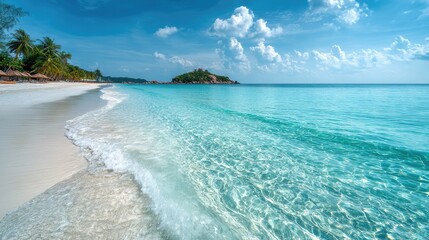 White sandy beach with crystal clear tropical sea and bright sunny sky perfect vacation scene