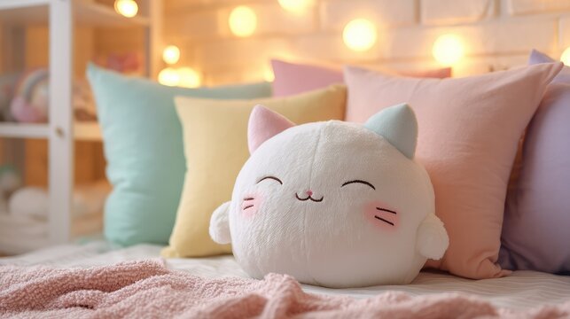 White cat plush toy surrounded by pastel pillows in cozy bedroom setting, soft lighting emphasizing warmth, comfort, and adorable design