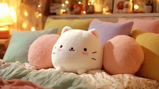 White cat plush toy surrounded by pastel pillows in cozy bedroom setting, soft lighting emphasizing warmth, comfort, and adorable design