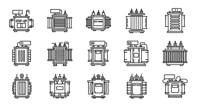 Collection of electrical transformers in a linear arrangement black and white silhouette