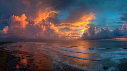 Wide panoramic view of sunset over endless ocean with glowing golden light and colorful clouds filling the evening sky