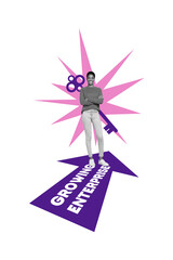 Vertical photo collage of happy american girl stand key fresh business startup growing enterprise...