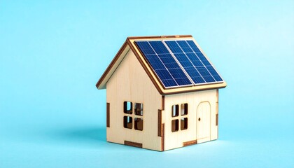 Model house with solar panels on roof against blue background