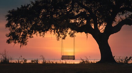 Wide sunset view with swing beneath giant tree silhouette against glowing evening sky