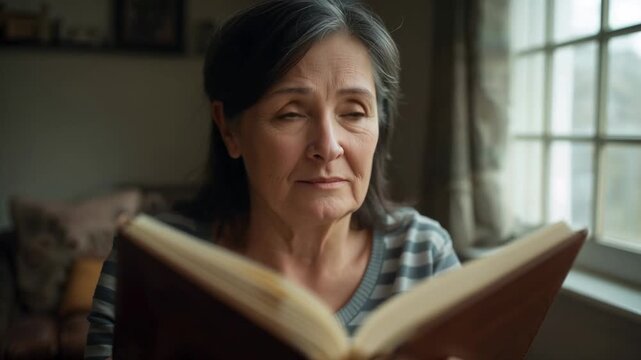 Holding hardcover book, senior woman reading at living room window in striped top, recalling text