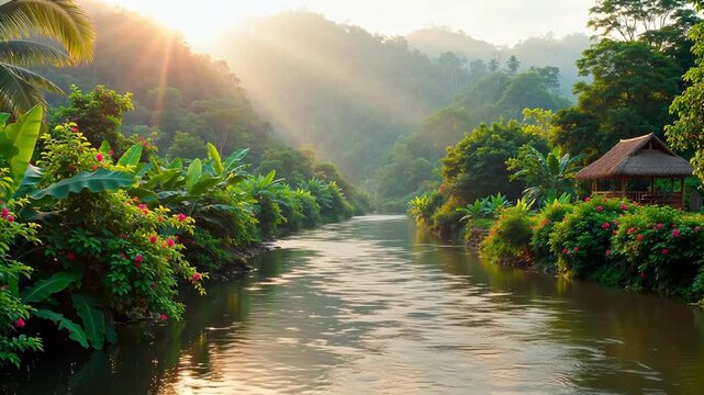 River through lush tropical forest at sunrise
