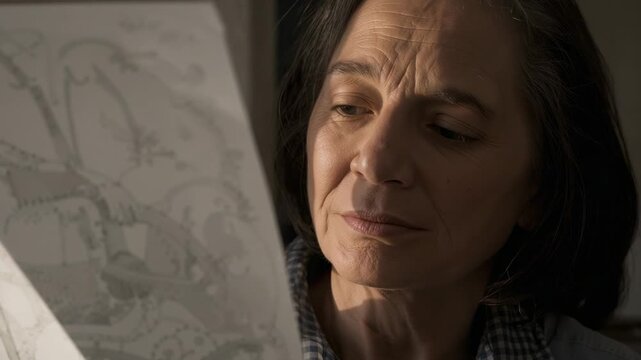 Studying senior woman in plaid shirt scanning pattern sheet in quiet room, responding to print