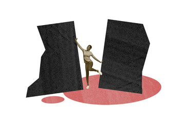 Sketch template design 3D collage composite of young lady stand between two fragment hand hold...