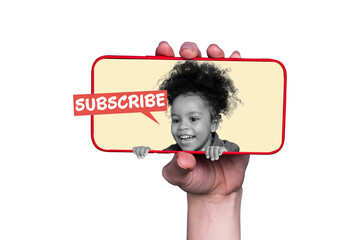 Creative photo collage picture young small kid smartphone digital device touchscreen subscribe...