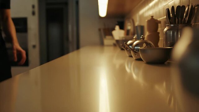 Touching kitchen counter, hands and arms in dark tee sliding checking surface, utensils, copy space