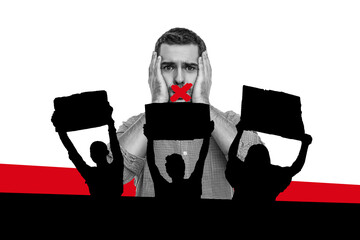 Collage 3d image of pinup pop retro sketch of rights protest revolution mute mouth politics...