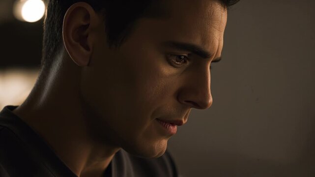 Frames showing adult man in dark top reflecting, shifting expression in dim room with bokeh lights