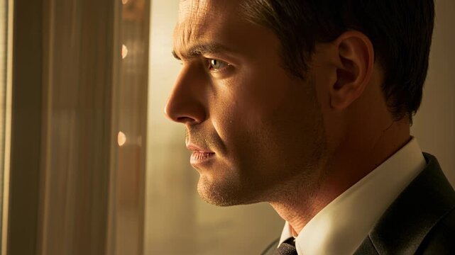 Business man shifting gaze by window, tightening jaw while camera pulling back showing suit, bokeh