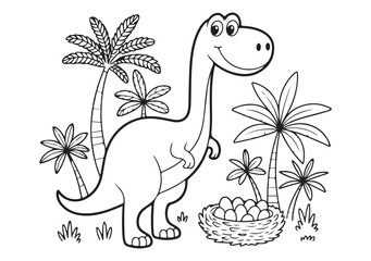 A friendly cartoon long neck dinosaur stands among palm trees next to a nest of eggs © BULBUL ISLAM