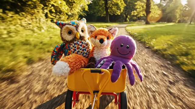 Plush owl fox and octopus toys ride in a yellow wagon tricycle on a blurred outdoor path during a sunny day journey