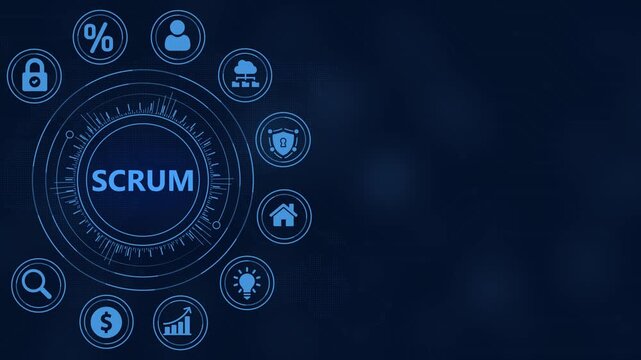 Scrum Framework Displayed on a Digital HUD Interface with Business Icons on Dark Blue Background