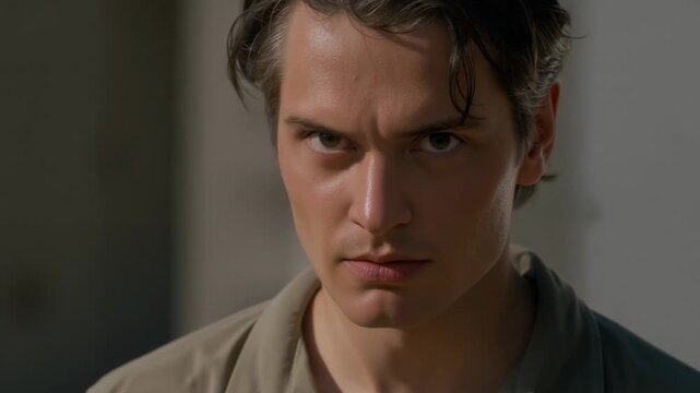 Man closeup on wall raising gaze, tensing jaw from inner focus, animated sweat highlighting health