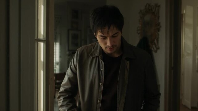 Entering man adjusting leather jacket in narrow entryway, steadying shoulders and checking pocket