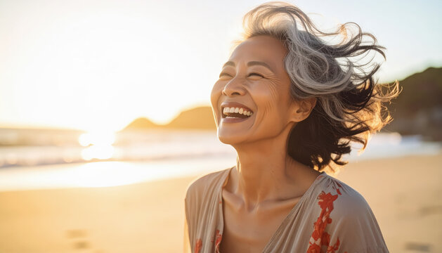 Mujer senior de mas de 50 a&ntilde;os, asiatica con pelo corto y canoso, sonriendo con los ojos cerrados con fondo borroso de una puesta de sol a la orilla del mar en una playa vacia