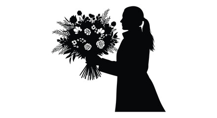 A woman holding a large bouquet of flowers is depicted in a striking black silhouette high quality professional detailed modern elegant © Creativekhairul02