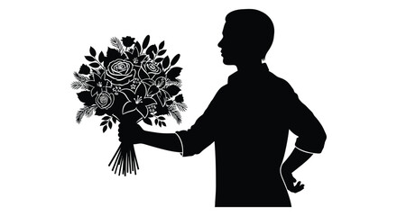 A man presenting a bouquet of roses in a stark black and white illustration emphasizing a striking silhouette high quality professional © Creativekhairul02