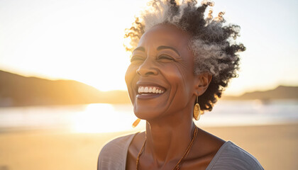 Mujer senior de mas de 50 años, afroamericana con pelo rizado corto y canoso, sonriendo con los ojos cerrados con fondo borroso de una puesta de sol a la orilla del mar en una playa vacia