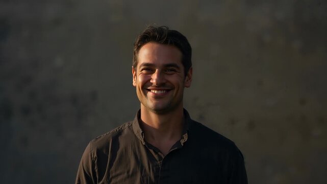 Man facing camera under warm light closing eyes then reopening smiling showing warmth for marketing