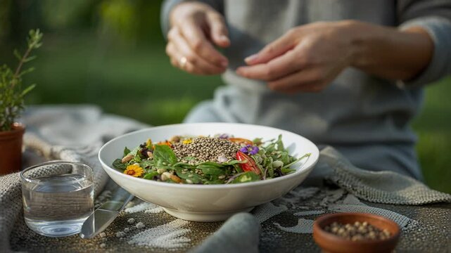 Pinching ringed hands in grey sweater sprinkling seeds to finish salad bowl on garden table