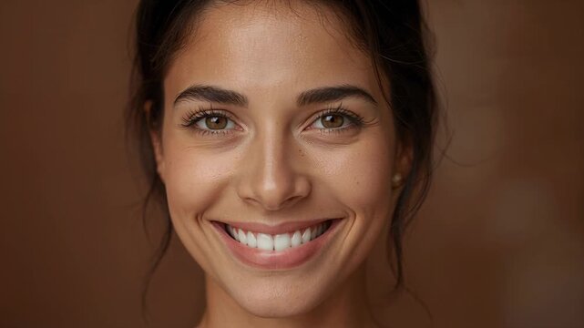 Female model smiling, touching hair, responding to off-frame prompt for beauty portrait with pearls